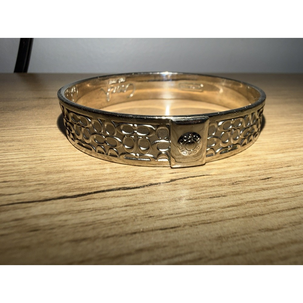 Coach Gold Tone Signature Logo Pattern Bangle Bracelet Signed 8"